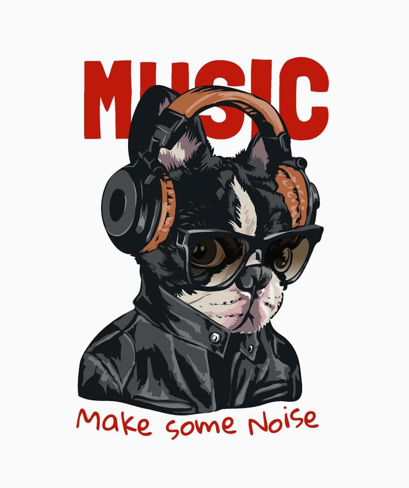 eslogan musical con perro con gafas de sol con ilustración de auriculares vector