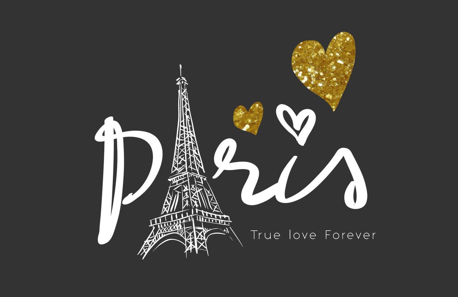 eslogan de paris true love forever con ilustración de la torre eiffel y corazón brillante sobre fondo negro vector