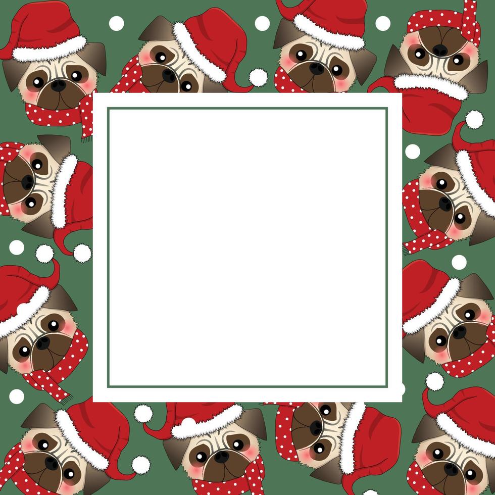 perro pug santa claus con bufanda roja en tarjeta de banner verde vector