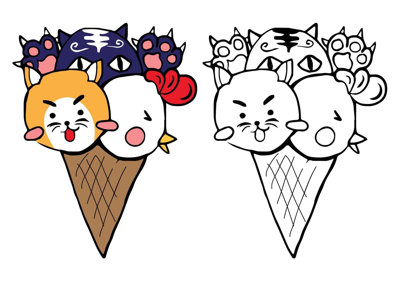 Cute Cat Dog Chicken Ice Cream. Vector Illustration.
