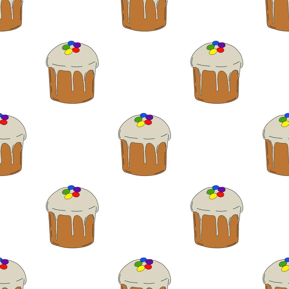 Easter cupcake seamless pattern isolated on white background. Hand drawn line drawing. Doodles.Around the Easter cake with eggs.For textiles, postcards, and textiles. Vector