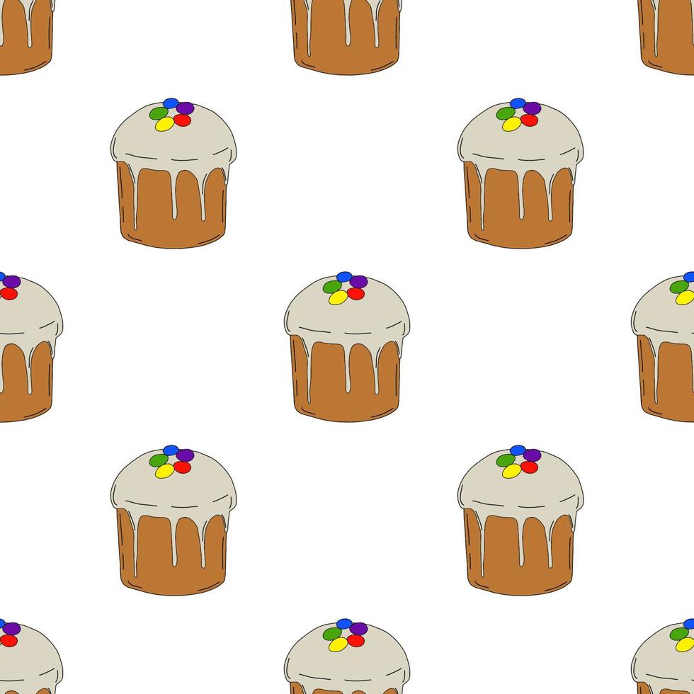 patrón sin costuras de cupcake de Pascua aislado sobre fondo blanco. dibujo lineal dibujado a mano. garabatos alrededor del pastel de pascua con huevos para textiles, postales y textiles. vector