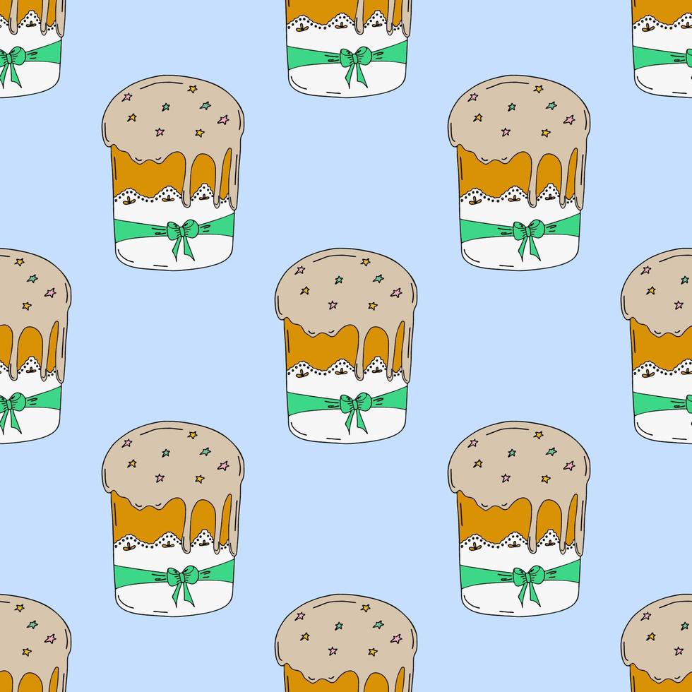 Easter cake seamless pattern with green ribbon and topping on a napkin on a blue background.Hand drawing.Spring holiday of Easter.Vector vector