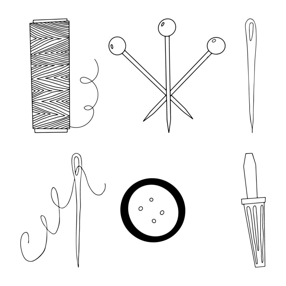 A set of sewing accessories in Doodle style.Outline drawing with a line.Needles, thread, pins.Coloring of sewing accessories.Women's hobby.Vector illustration vector
