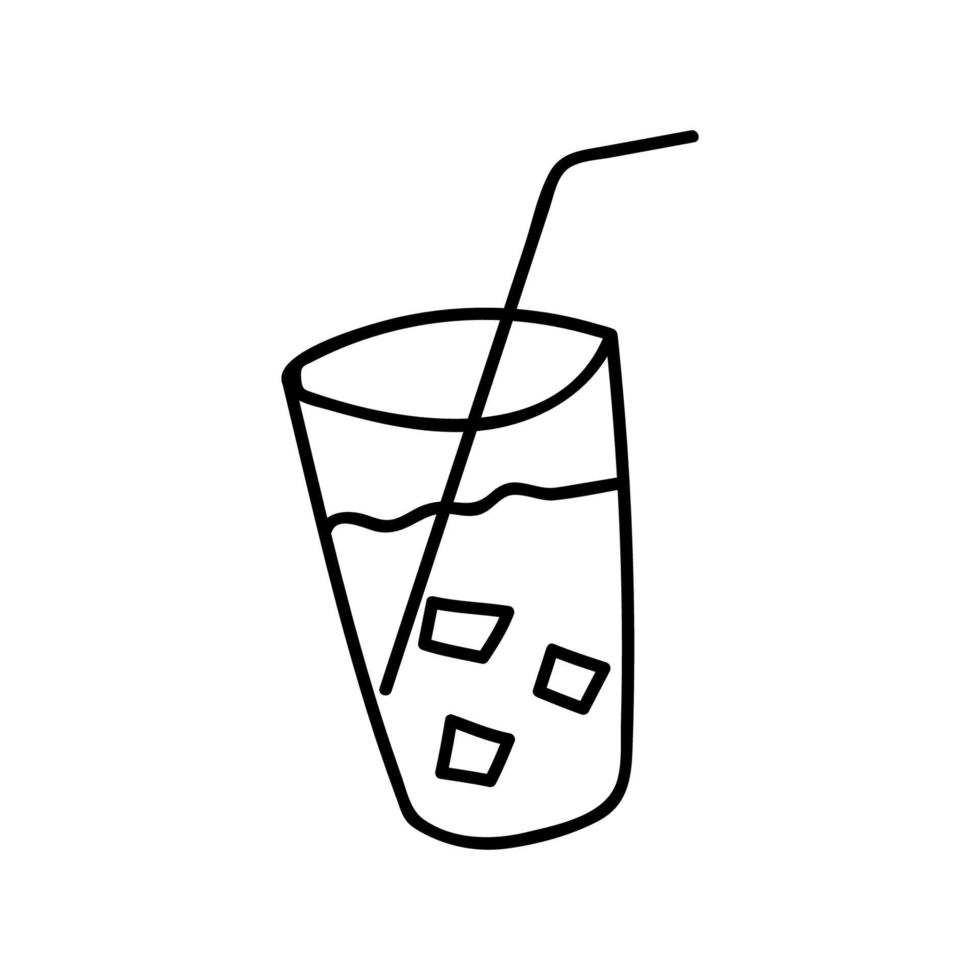 Glass with ice and a plastic tube Doodle illustration.Black and white image with a contour line.Drink with ice.Summer, sun, beach, vacation, party.Vector vector