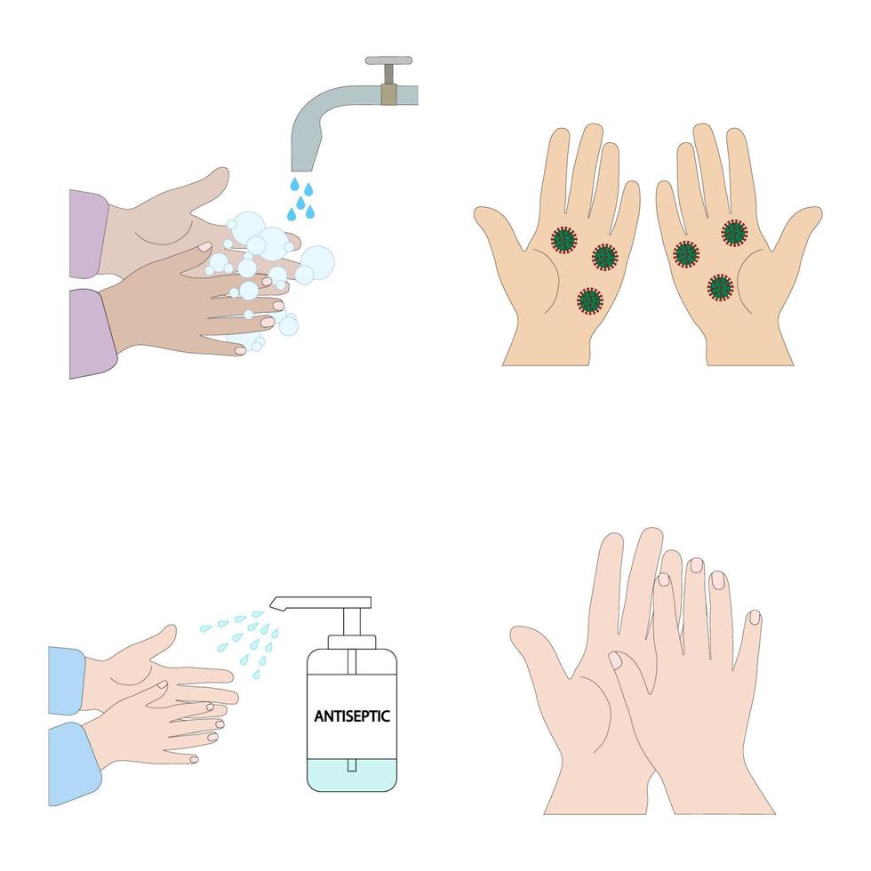 Set-instructions for washing hands.Clean hands, hands with virus, hands with foam, hands with antiseptic.Flat illustration.Vector image vector