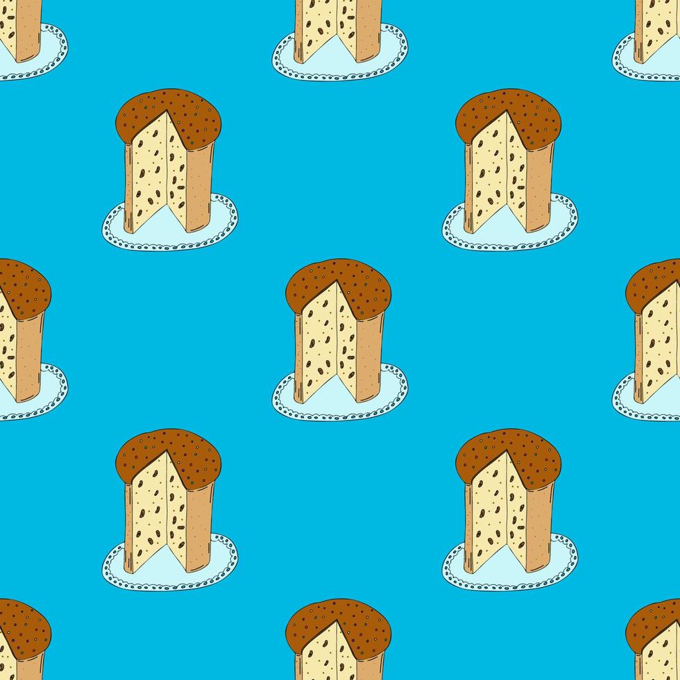 Easter cake seamless pattern with raisins on a napkin on a blue background.Hand drawing.Cake with a cut piece.Spring holiday of Easter.Vector vector