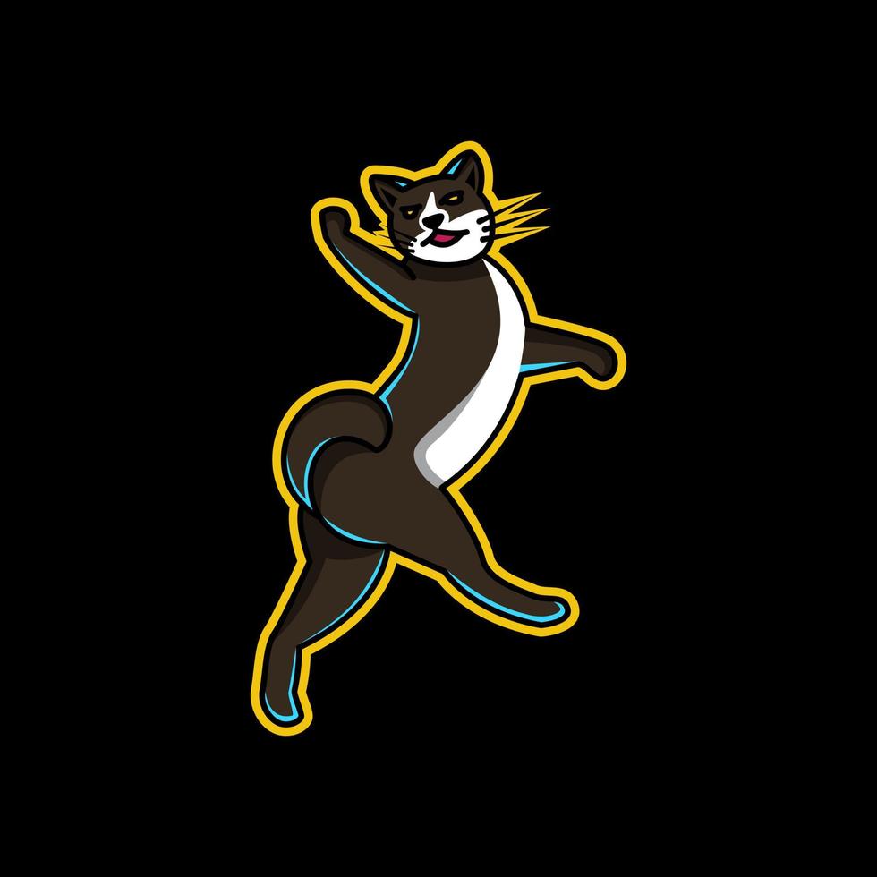 Jumping cat in background black , cartoon vector logo design editable