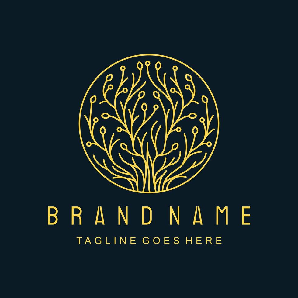 Nature trees vector Round logo design with line art style . Gold, elegant, beauty, spa, yoga, cosmetic product
