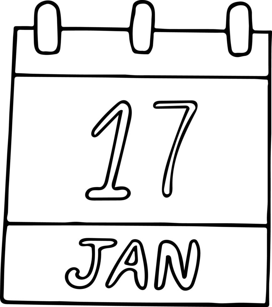 calendario dibujado a mano en estilo garabato. 17 de enero. día, fecha. icono, elemento adhesivo para el diseño. planificación, vacaciones de negocios vector