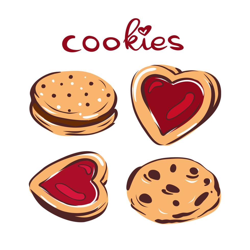 vector delicioso conjunto de galletas de corazón, con chocolate. abrazo fondo aislado.