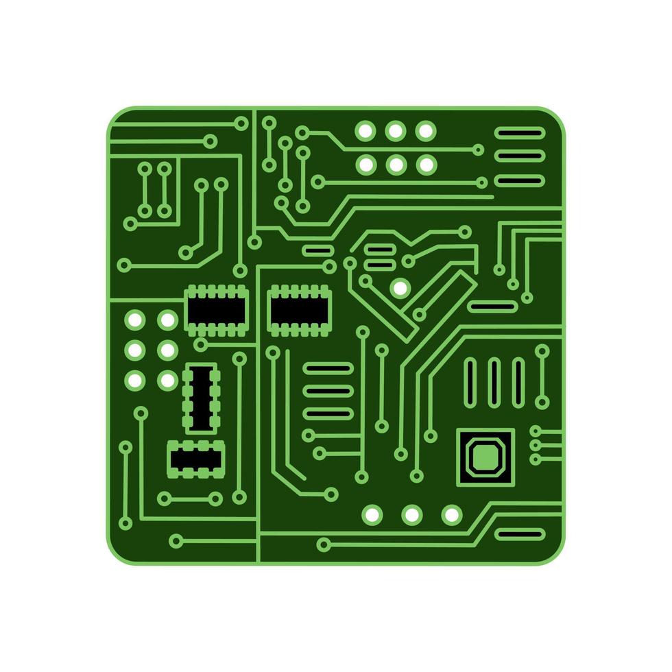 Vector printed circuit Board on a white isolated background. Green  variant  with a heart. Cartoon.