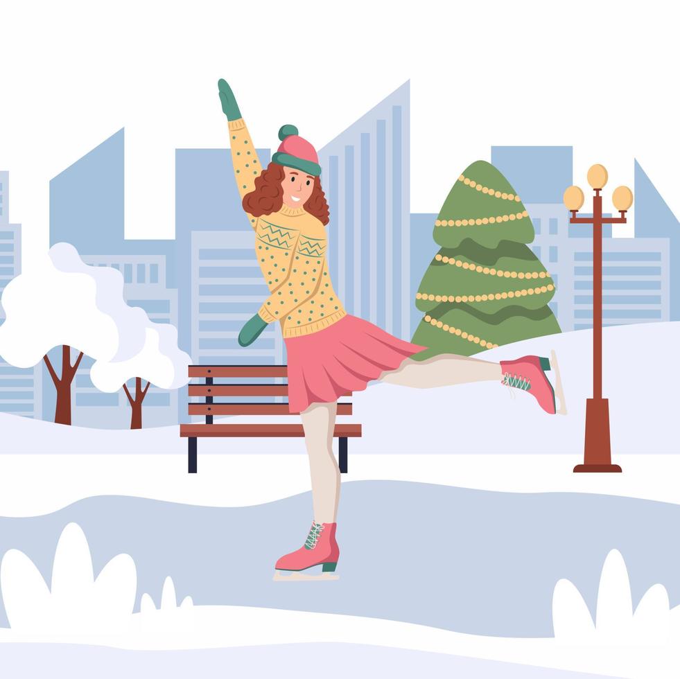 una mujer joven está patinando. divertidos juegos de invierno. ilustración vectorial plana vector