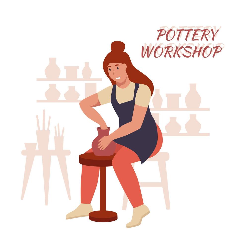 A young woman makes a jug on a potter's wheel. Craft, hobby, master class. Flat vector illustration