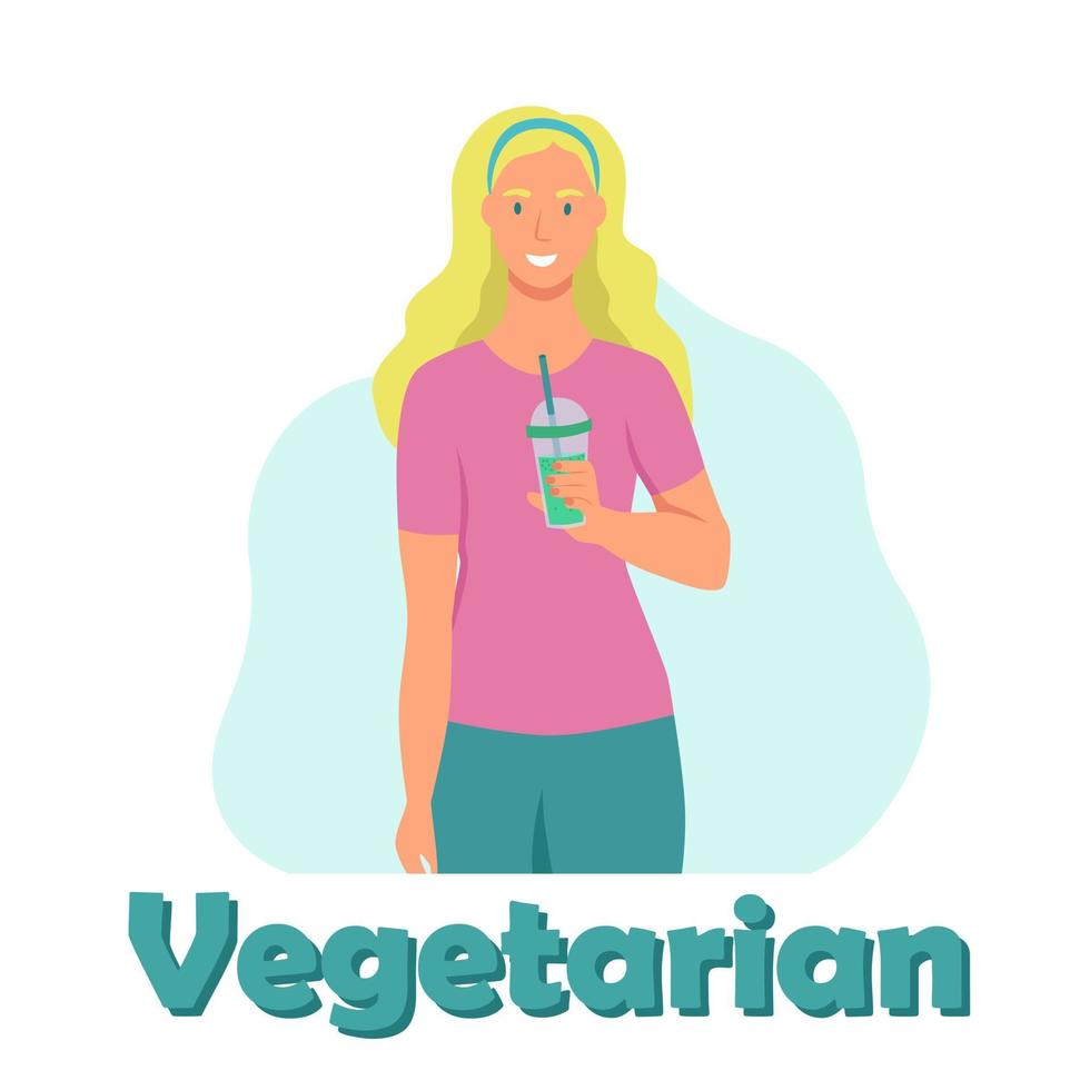 una mujer joven bebe un batido, jugo fresco, un coctel. el concepto de nutrición adecuada, estilo de vida saludable. Ilustración de dibujos animados plana. vector