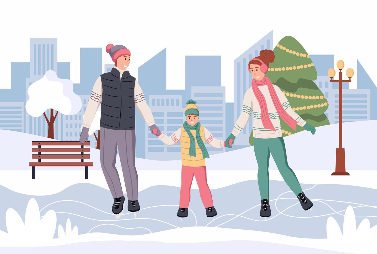 la familia está patinando en la pista de hielo. papá, mamá e hijo se divierten en invierno. ilustración vectorial plana vector