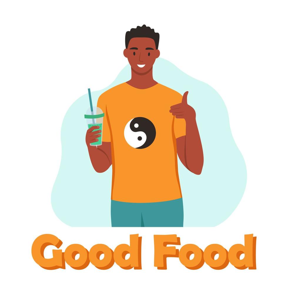 A young man drinks a smoothie, fresh juice, a cocktail. The concept of proper nutrition, healthy lifestyle. Flat cartoon illustration. vector