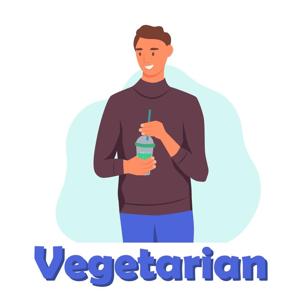 un joven bebe un batido, jugo fresco, un coctel. el concepto de nutrición adecuada, estilo de vida saludable. Ilustración de dibujos animados plana. vector