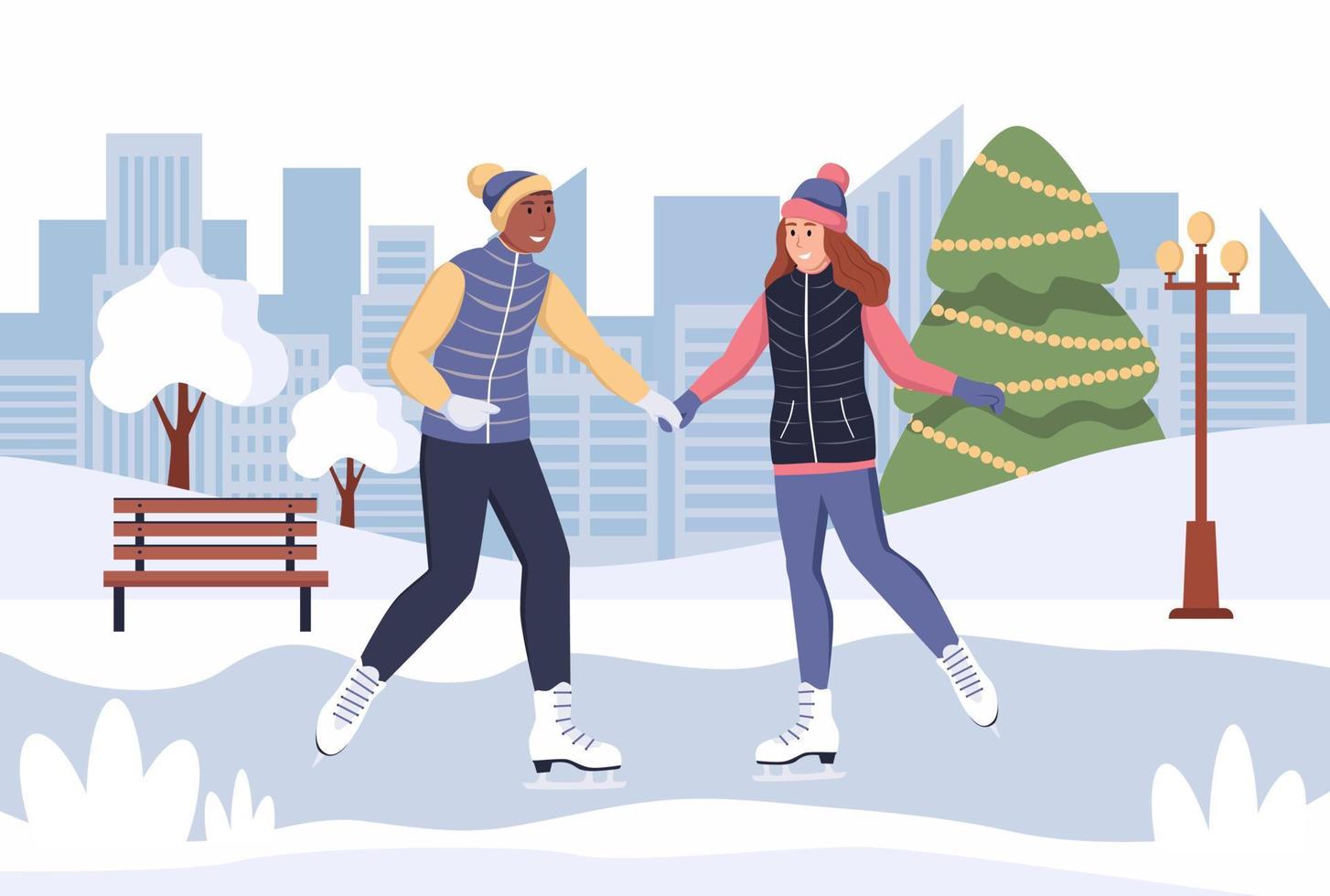 un joven y una mujer patinan en invierno. una pareja enamorada se está divirtiendo en una cita. ilustración vectorial plana vector