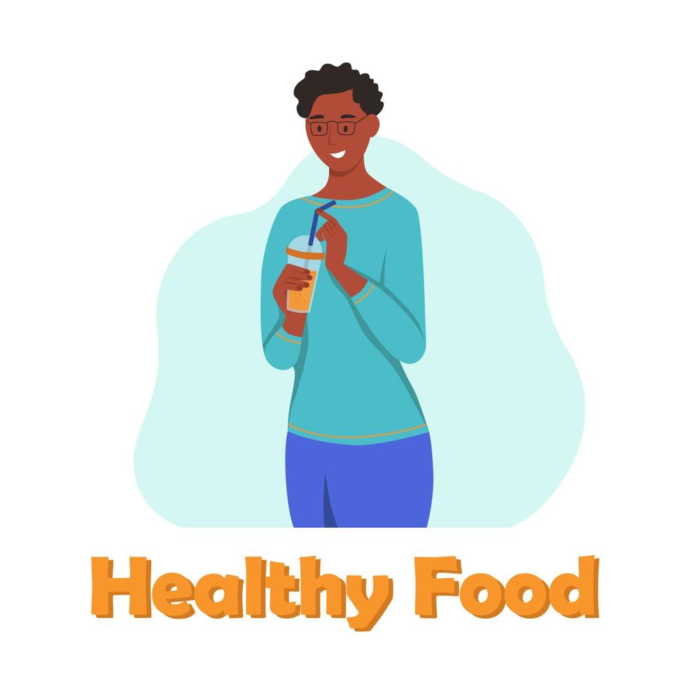 una mujer joven bebe un batido, jugo fresco, un coctel. el concepto de nutrición adecuada, estilo de vida saludable. Ilustración de dibujos animados plana. vector