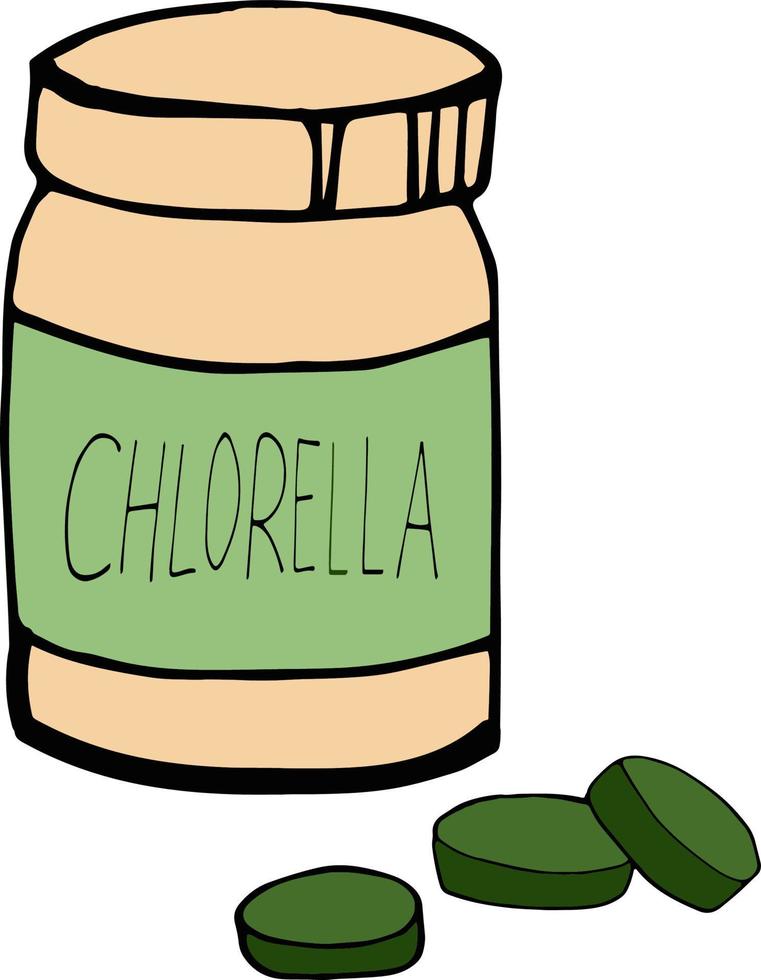 jarra botella y píldoras chlorella dibujadas a mano en estilo doodle. elemento único para el diseño de súper alimentos, algas, farmacia, medicina vector