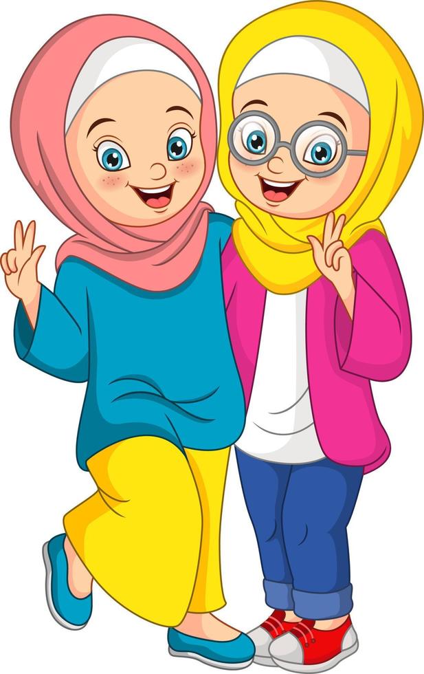 Two happy muslim girl cartoon vector