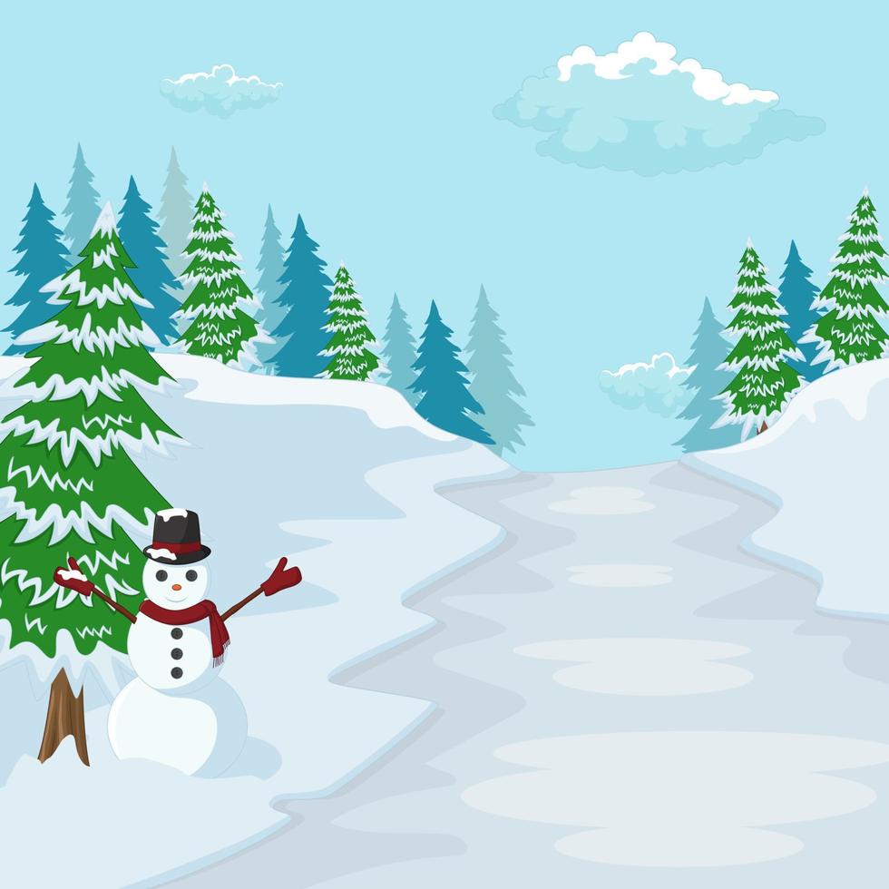 paisaje navideño con árbol de navidad y muñeco de nieve vector