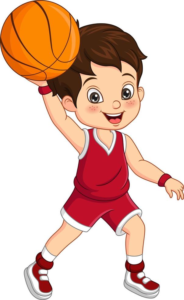 Cartoon cute little boy playing basketball vector
