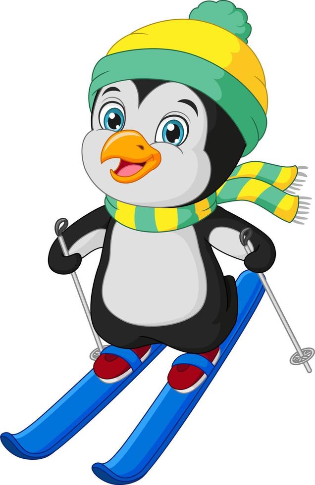 pequeño pingüino lindo esquiando en ropa de invierno vector