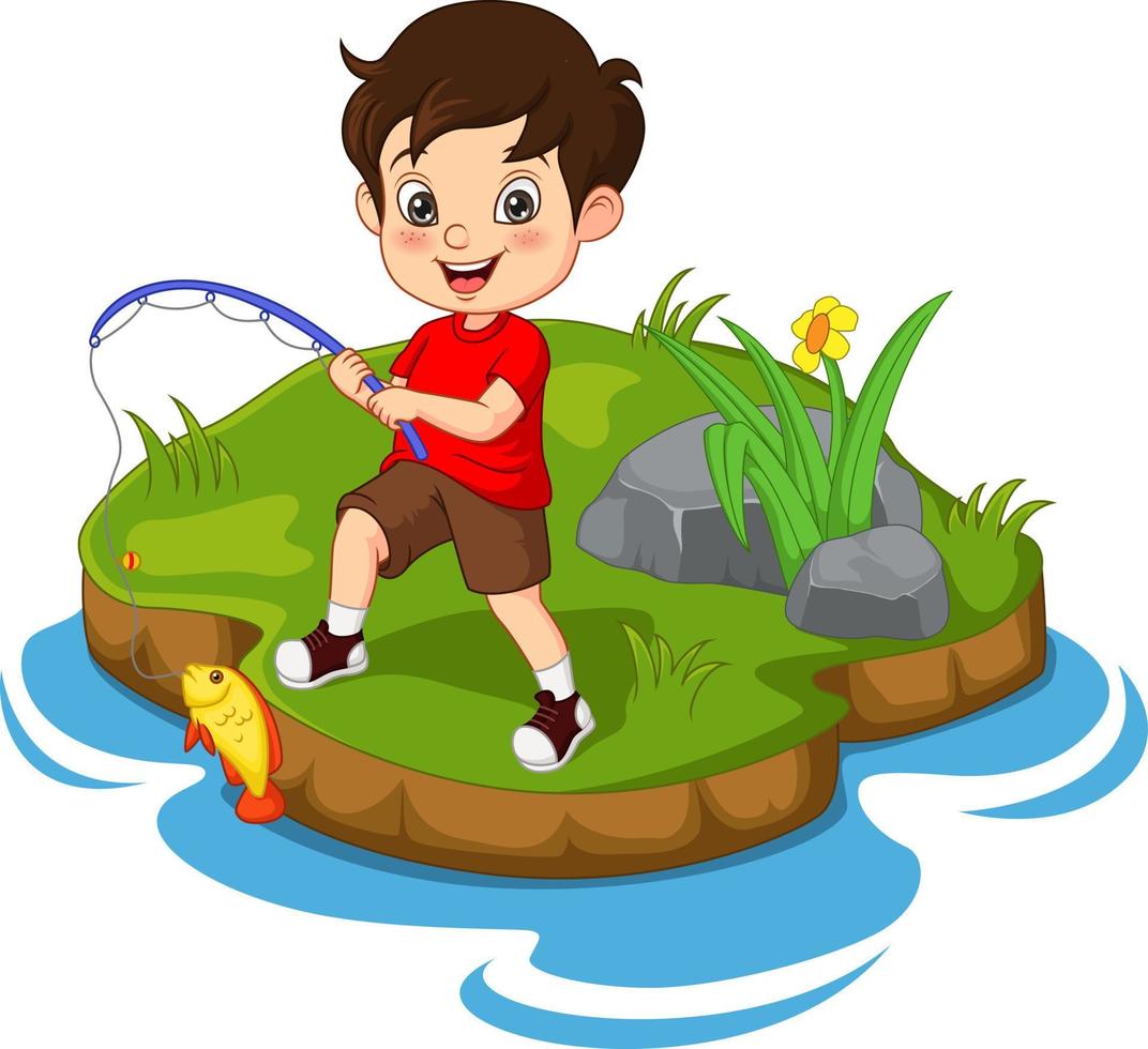 Cartoon little boy fishing in a river vector