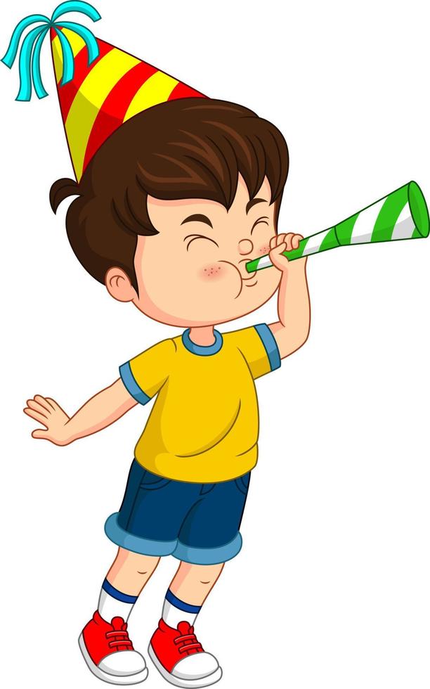 Cartoon little boy blowing a paper trumpet vector