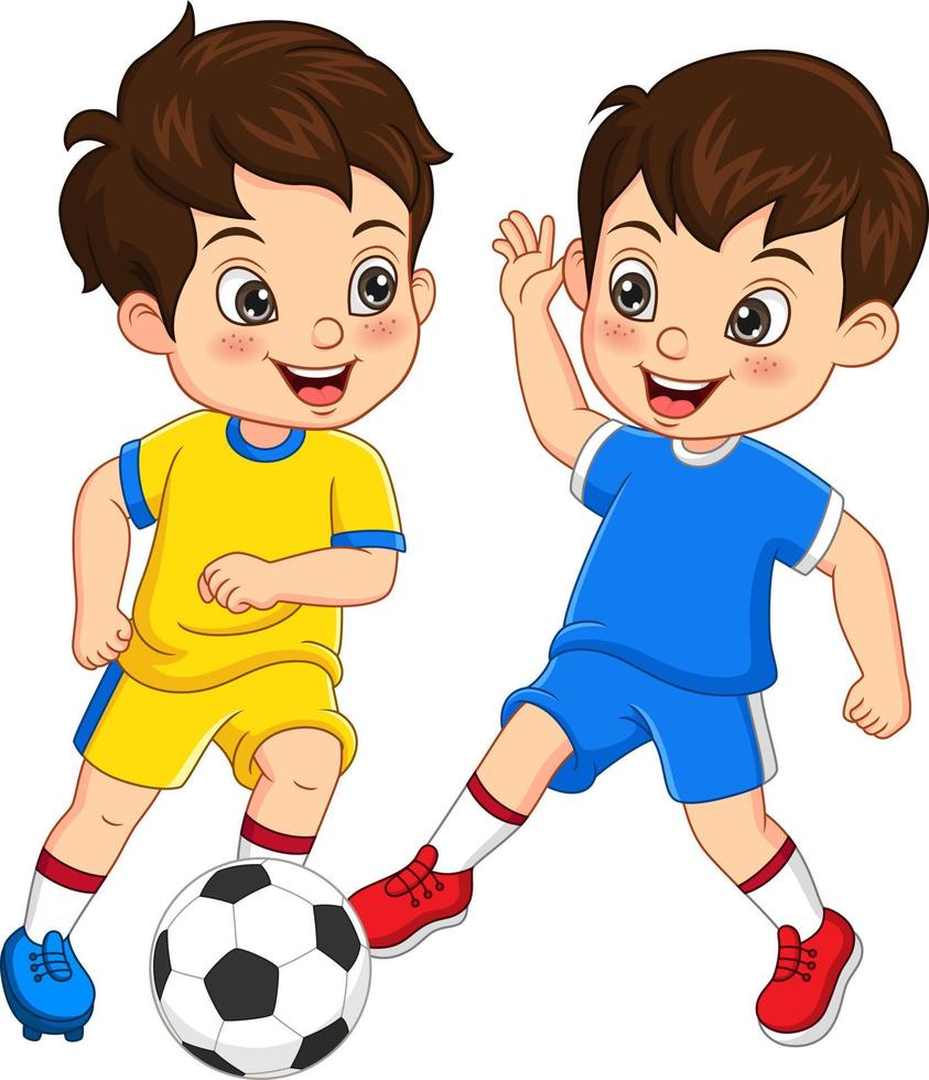 niños de dibujos animados jugando al balón de fútbol vector