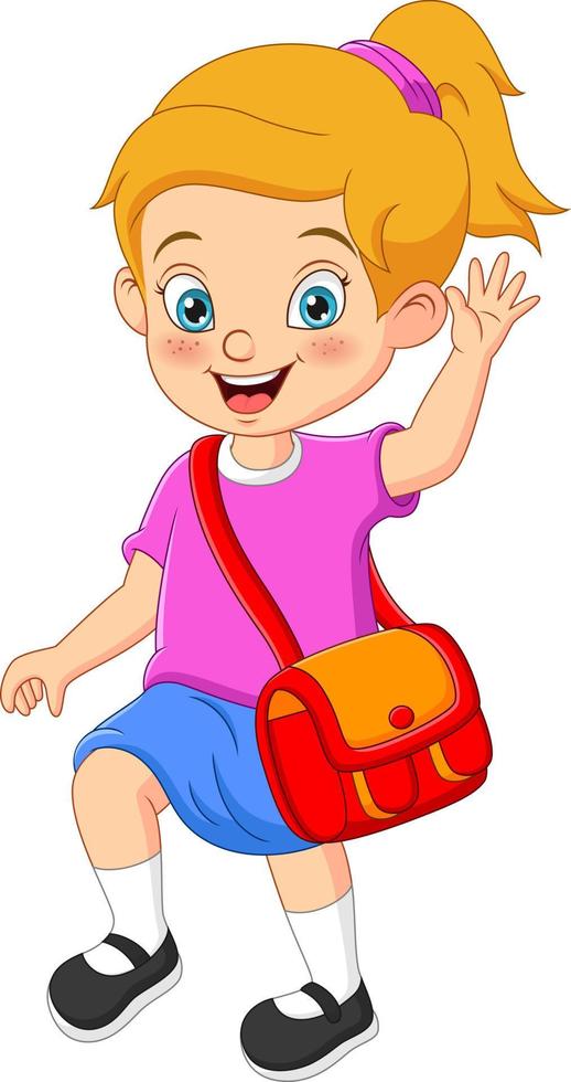 linda chica de dibujos animados va a la escuela con mochila vector
