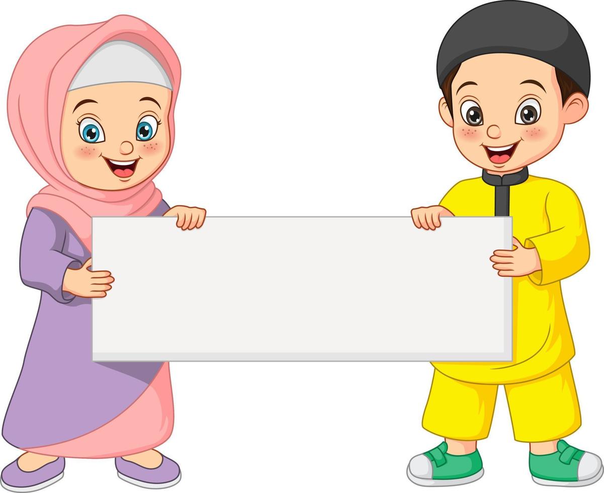 Happy muslim kid cartoon with blank sign vector