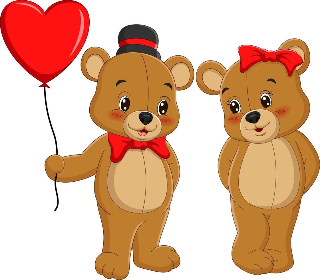 Couple of cute teddy bears giving present love balloons vector