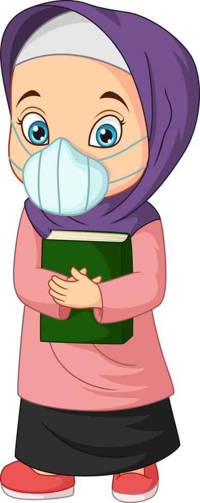 Cartoon muslim girl holding Quran book wearing mask vector