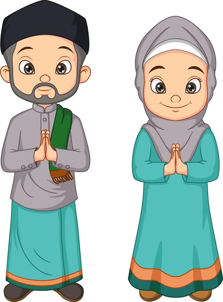 Cartoon muslim man and woman greeting salaam vector