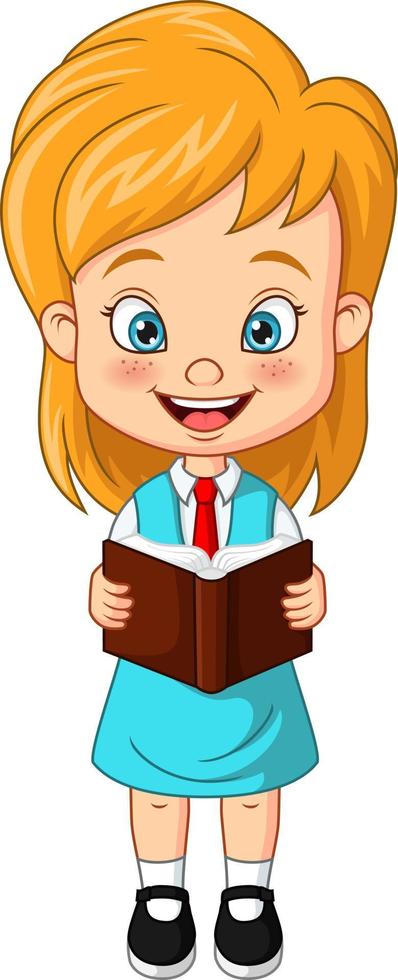 Cartoon funny girl student stands and reading a book vector