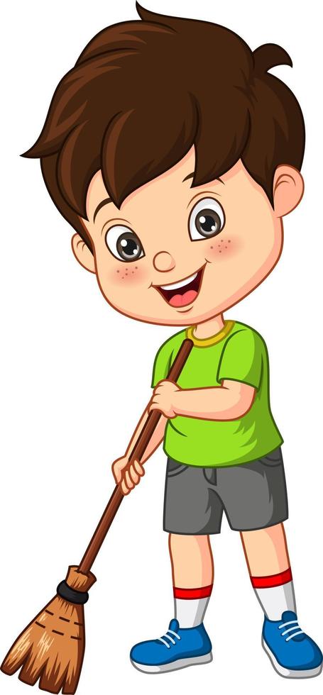 Cartoon little boy sweeping on the floor vector