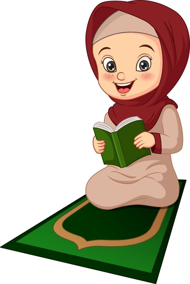 Cartoon muslim girl reading Quran book vector