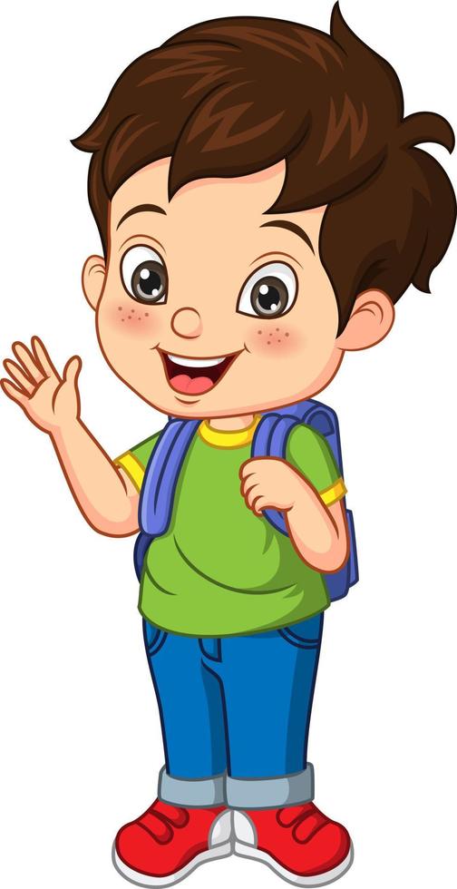 Cartoon happy school boy waving hand vector