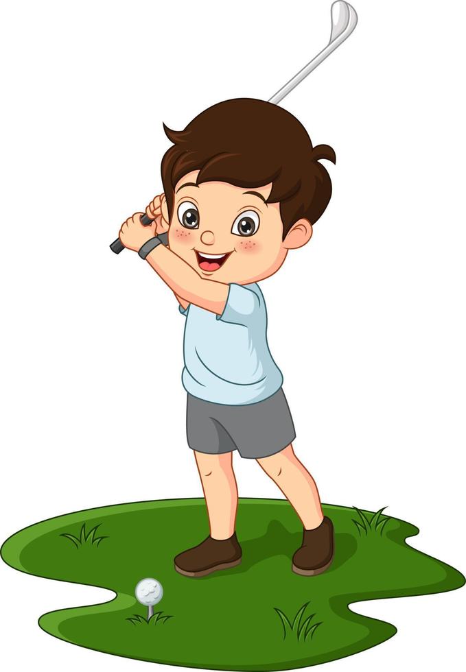 niño lindo de dibujos animados jugando al golf vector