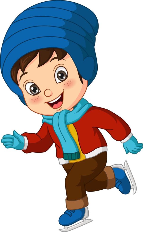 Cute little boy in winter clothes playing ice skating waving hand vector