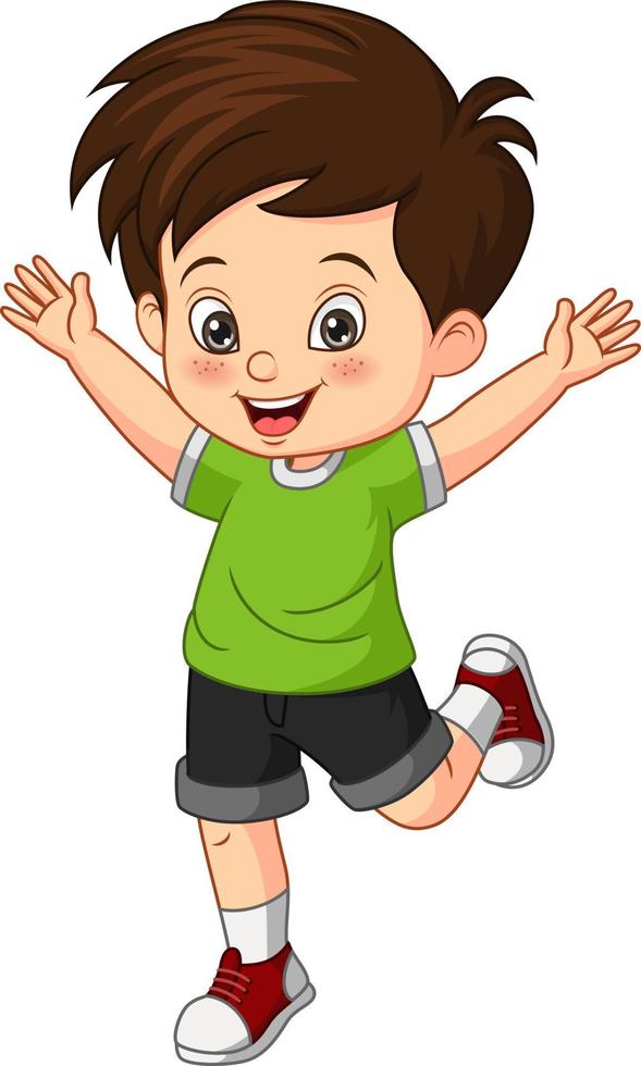 Cartoon happy little boy raising hands vector