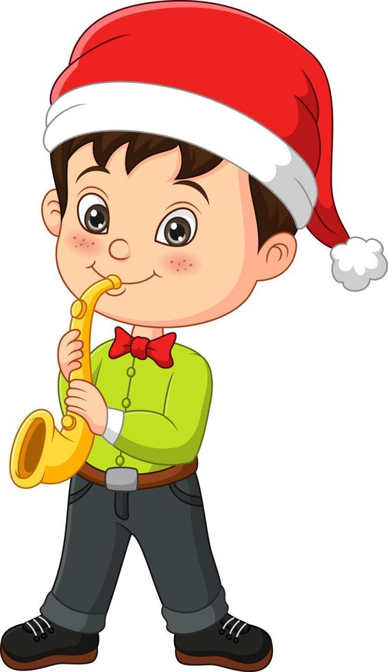 niño pequeño de dibujos animados con traje de navidad tocando la trompeta vector