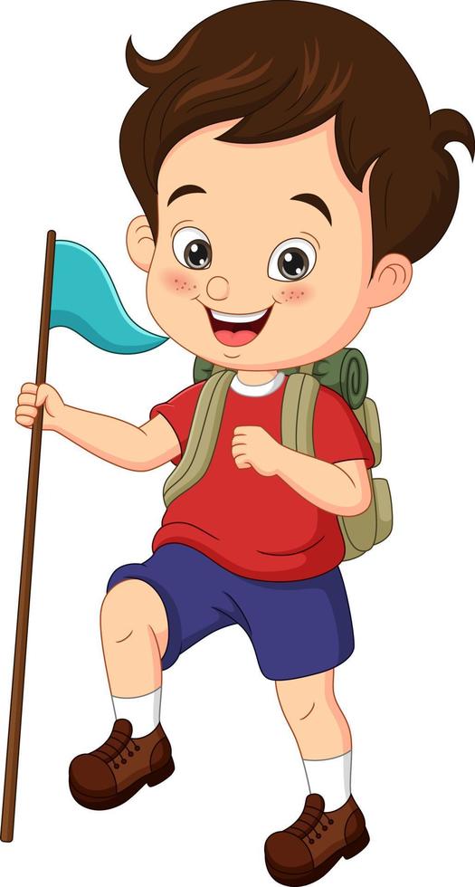 Cartoon happy boy scout holding a flag vector