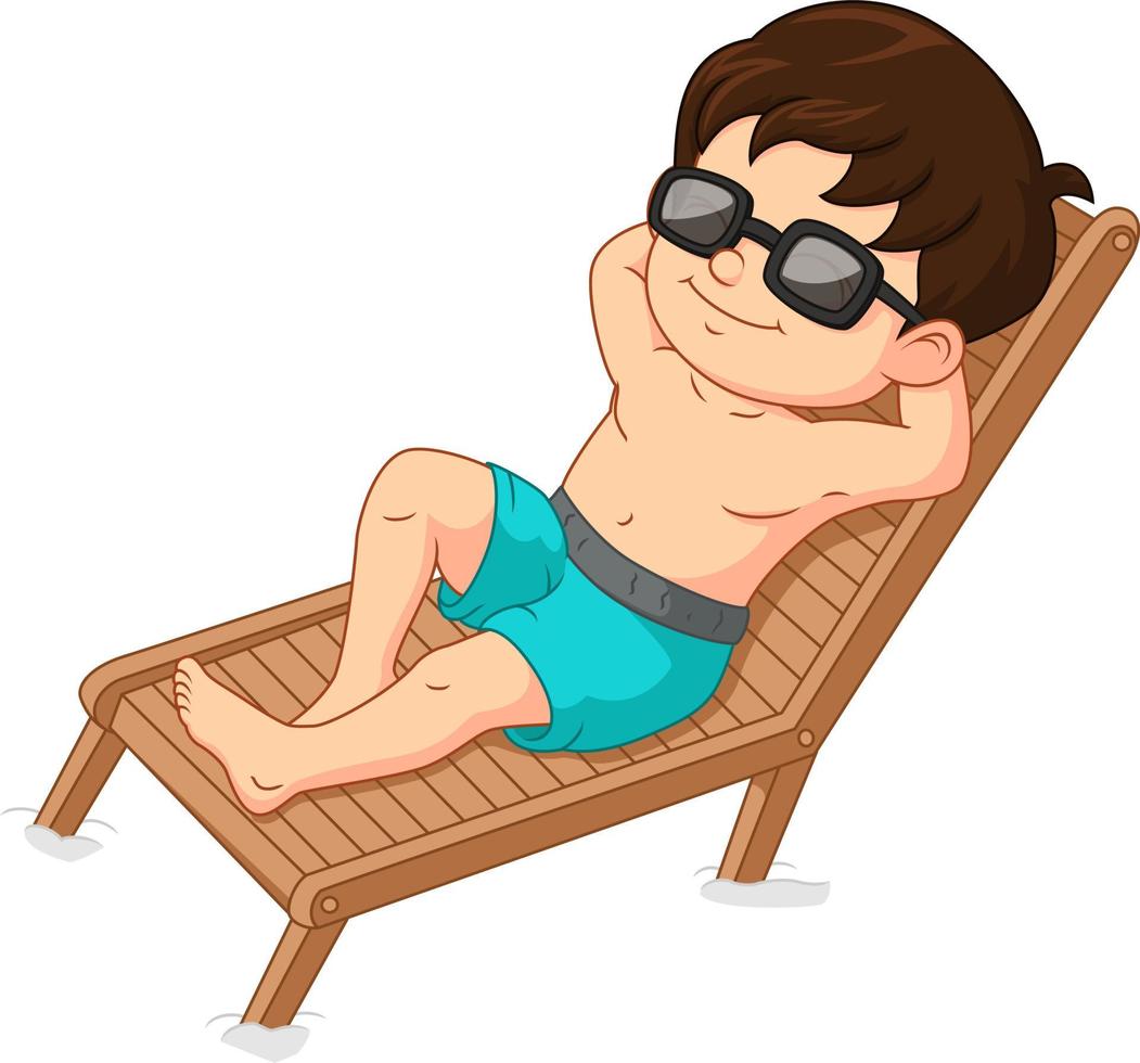 Cartoon boy sunbathing on the sun chair vector