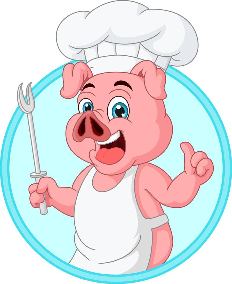 Cartoon little pig chef holding a fork vector