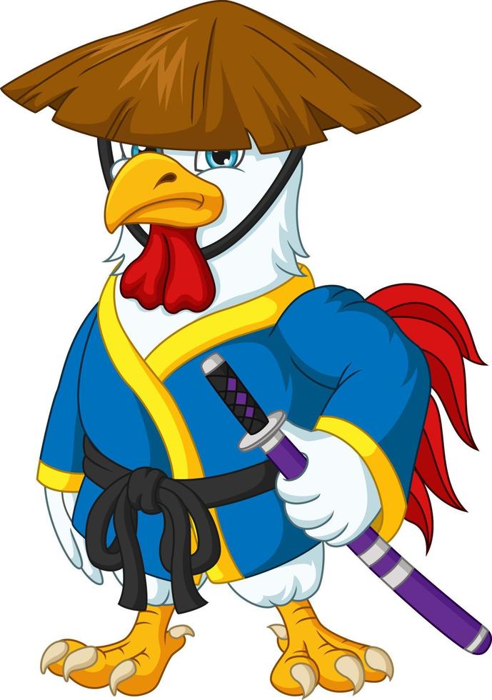 gallo samurai de dibujos animados sosteniendo una espada vector