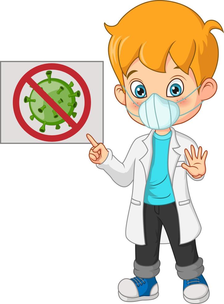 Doctor boy in mask with coronavirus sign vector